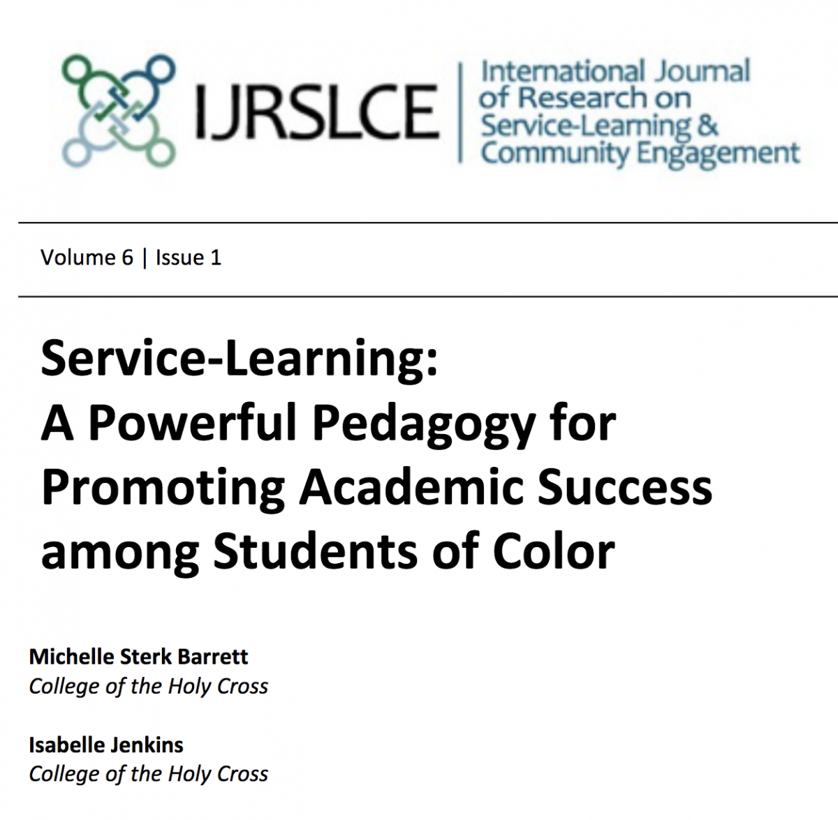 Picture of the journal article, "Service-Learning: A Powerful Pedagogy for Promoting Academic Success among Students of Color"