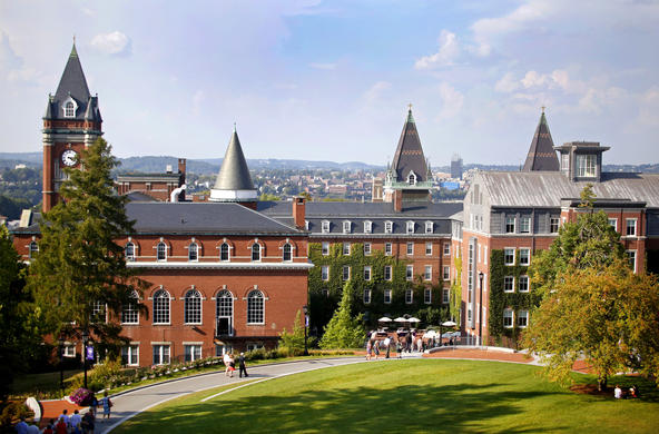 view of O'Kane Hall and Smith Hall spires from the Hogan Campus Center