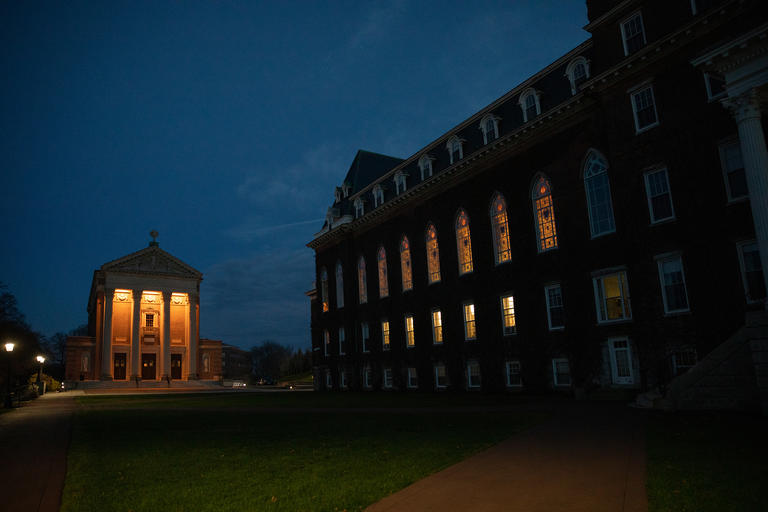 Holy Cross chapel and Fenwick hall at night