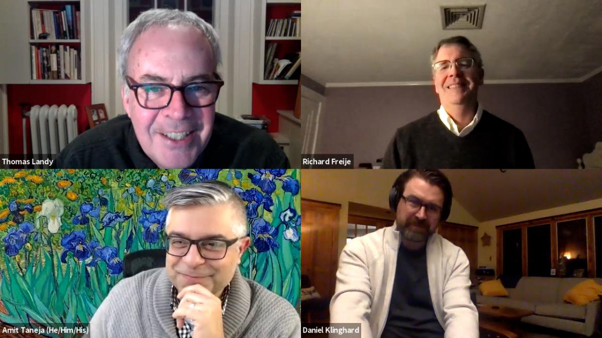 Webinar screen capture featuring the three speakers and moderator Thomas M. Landy.