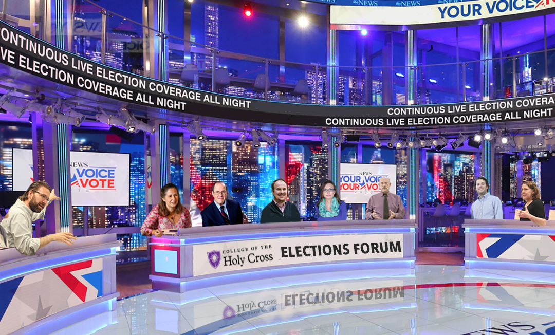 Altered photo of Holy Cross political science faculty seated in an election night newsroom