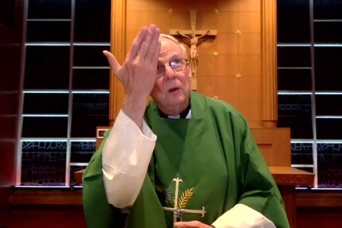 Rev. Joseph “Joe” Bruce, S.J., ’73 hosts virtual Mass in American Sign Language for Holy Cross. 
