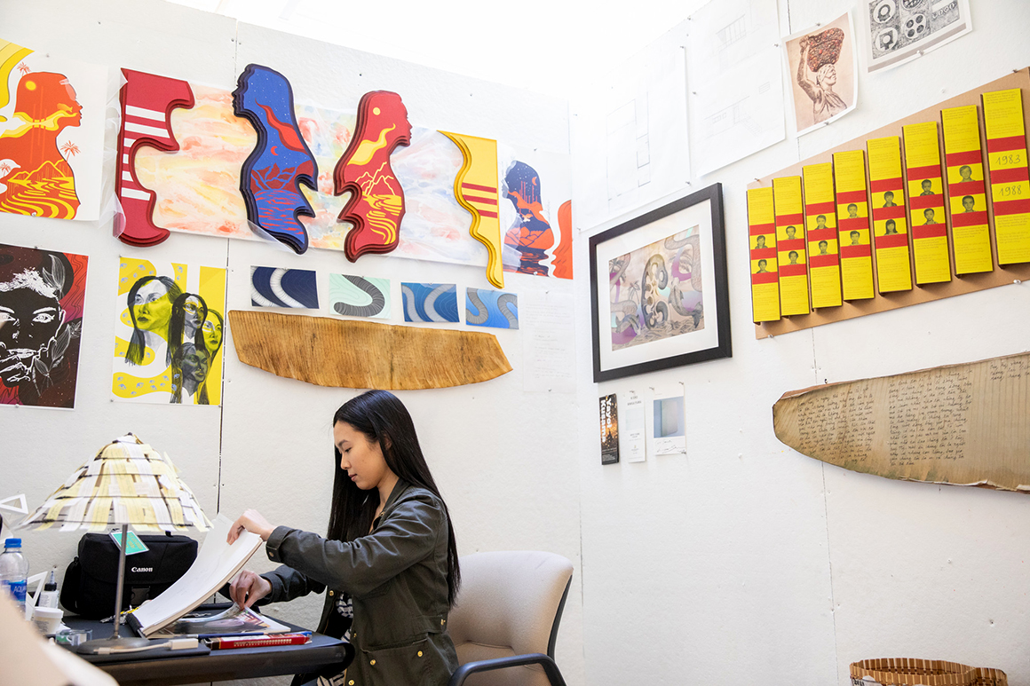 Sara Vo ’19 works in her individual studio in the Millard Art Center. 