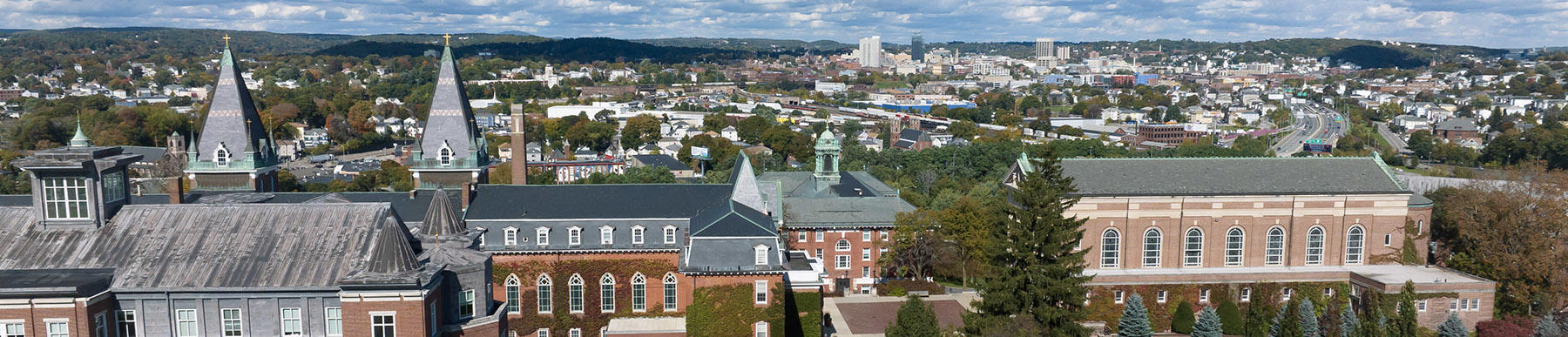 Aerial view of campus and Worcester in the background