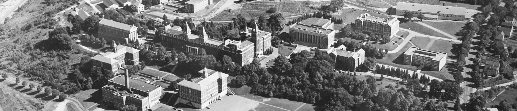 historical black and white aerial photo of the Holy Cross campus