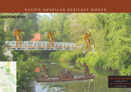 Composite image of contemporary photo of bridge over Blackstone River with illustrations of Nipmuc people boating and fishing.