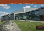 Composite image featuring contemporary photo of Luth Athletic Center exterior with historical illustration of Rev. John Eliot preaching on a large rock.