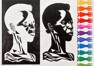 A positive and negative image of an African American woman's head, with a rainbow of woman's figures running down the right side.