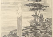 Drawing of figure contemplating the landscape