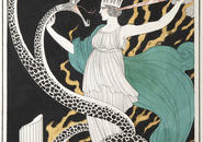 Image of woman in robe battling two-headed snake with sword