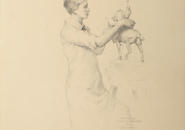 Pencil drawing of a woman working on a piece of sculpture