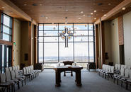Chapel at the Joyce Contemplative Center features a wall of glass beyond the altar looking out at the Wachusett Reservoir