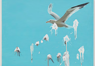 Sea gull in flight on a blue sky background with droppings spattered across the canvas