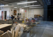 A view of the Foley Scene Shop as seen through the glass wall from The Beehive.