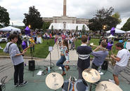 Student band SCONE performs on the Kimball quad. Photo by Tom Rettig