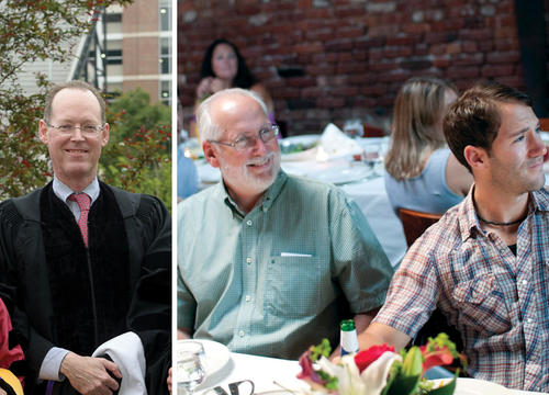 Paul Farmer stands in a photo, split with another photo of two men