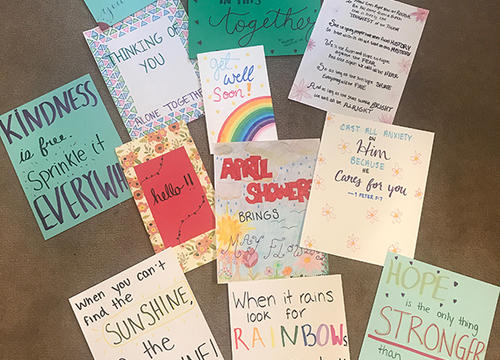 A sampling of some of the cards sent in by Holy Cross students to SPUD sites St. Francis Rehabilitation and Nursing Center and Parsons Hill Rehab and Health Care Center.