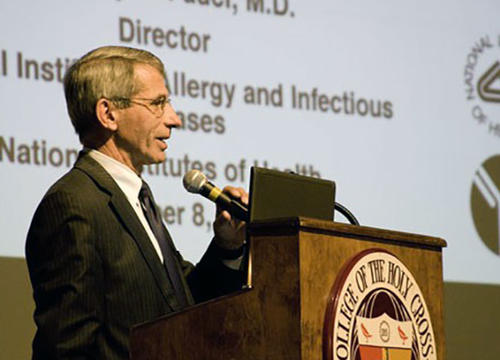 Dr. Anthony S. Fauci '62 is seen here during a 2010 lecture for to the Holy Cross community titled "Emerging and Re-emerging Infectious Diseases: The Perpetual Challenge to Global Health"