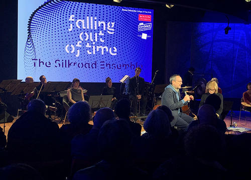 Osvaldo Golijov and the members of the Silkroad Ensemble are shown here during a conversation about the song cycle "Falling Out of Time" at WBUR's CitySpace, and moderated by NPR's Robin Young. Photo by Meghan Schatz