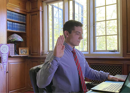 Rudy Antoncic '22 is sworn in remotely as a U.S. Federal Government Pathways intern.