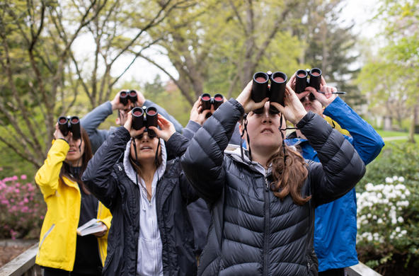 students on a field trip looking through binoculars