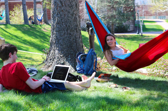 a student relaxing in a hammock connected to two trees while another student sitting on the ground working on a laptop