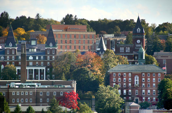 expansive view of Holy Cross campus featuring view of Fenwick Hall, O'Kane, Kimball Dining Hall, and Alumni Hall