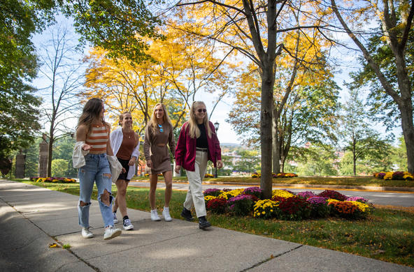 four students walking on Linden Lane during the fall