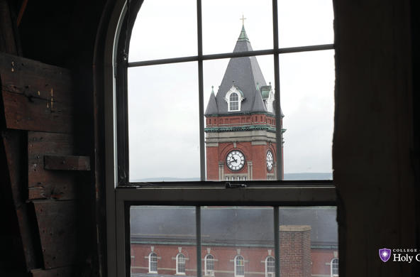 photo of clocktower through window