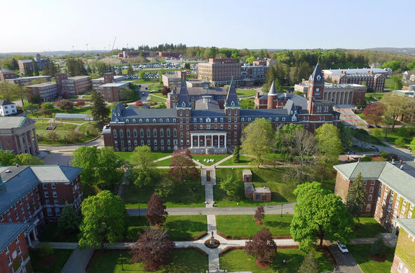 Aerial photo of the Holy Cross campus during the summer.