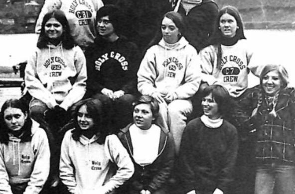 Black and white photo of Holy Cross women from the 1970s.