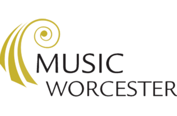 Music Worcester logo. There are three gold colored lines making a bass clef. Music Worcester is in black font.