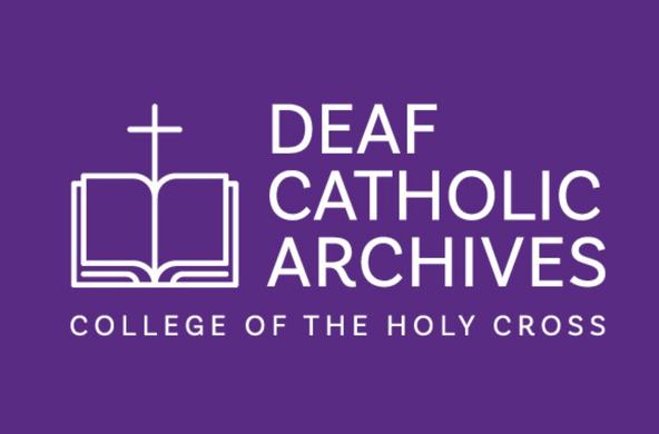 The Deaf Catholic Archives logo with an open book underneath a cross. Deaf Catholic Archives College of the Holy Cross is written in block letters.