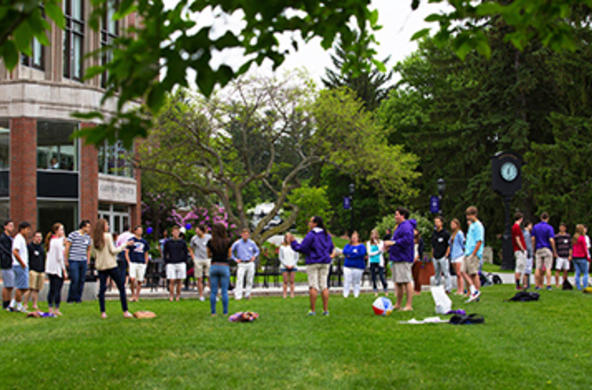 groups of students on hogan courtyard taking part in orientation