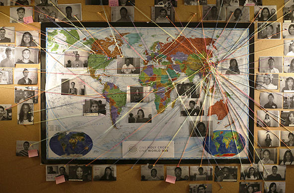 A map located in the international students office highlights the hometowns of international students that attend Holy Cross