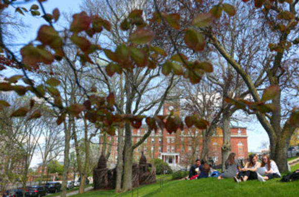 students on the lawn in front of okane