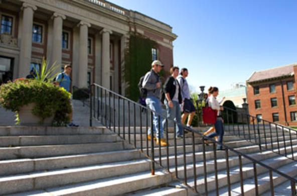 students walking down dinand stairs