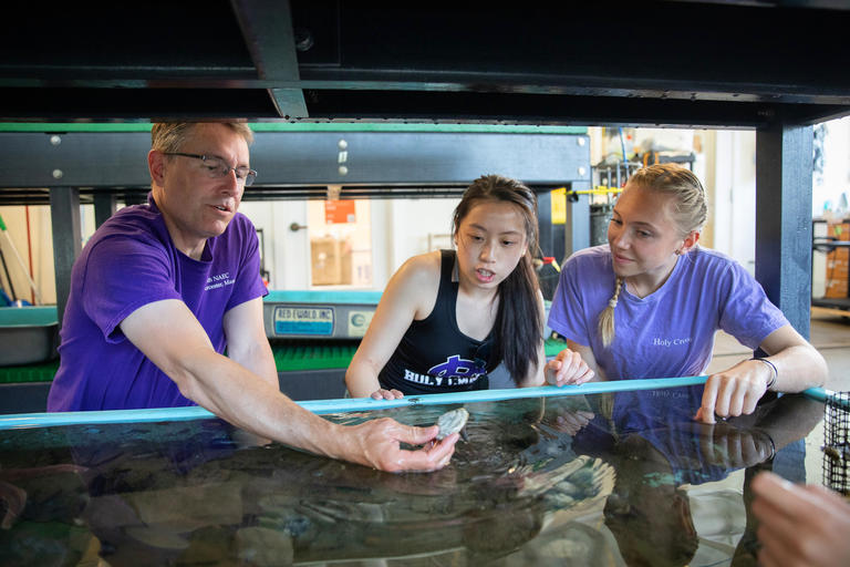 students and a faculty member working in a tank filled with water