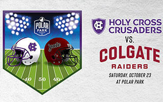 Graphic with two helmets on a football field with the words Holy Cross Crusaders vs Colgate Raiders Saturday, October 23 at Polar Park