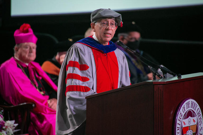 Cutberto Garza, M.D., Ph.D., Professor Emeritus, Cornell University, delivering an address at the Presidential Inauguration of Vincent D. Rougeau.