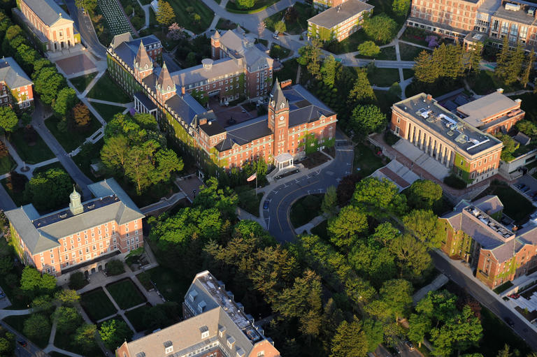 aerial view of the Holy Cross campus with Fenwick Hall at center