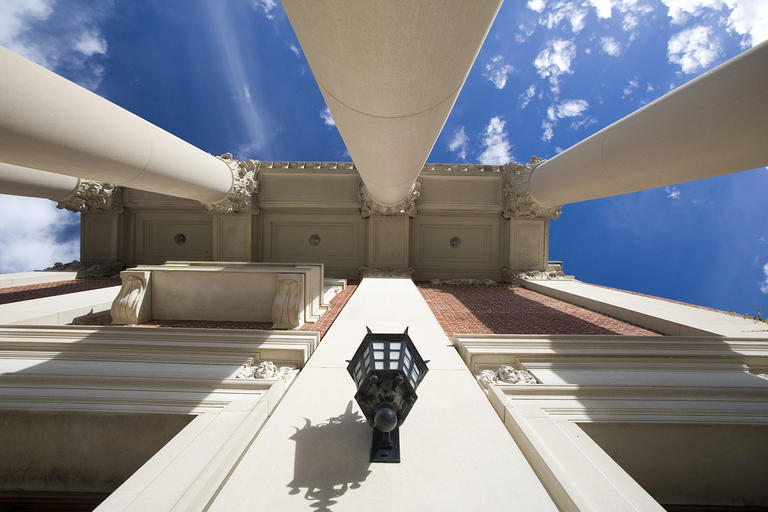 View of light and columns at the entrance of St. Joseph Memorial Chapel.