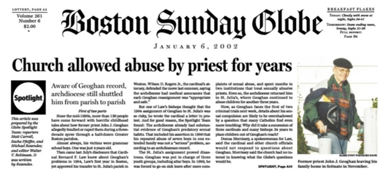 Cover of the Boston Globe from January 6, 2002 features headline "Church allowed abuse by priest for years."