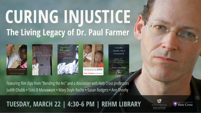 Banner graphic for Curing Injustice features five of Dr. Farmer's book covers over a film still from Bending the Arc of Dr. Farmer's face, off center, with an out of focus background of blue and green.