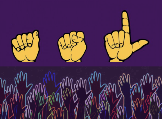 sign language image purple background with yellow hand fist closed thumb up, fist closed thumb in front of index and middle fingers, index finger pointing up thumb out to the side and remaining fingers bent into palm