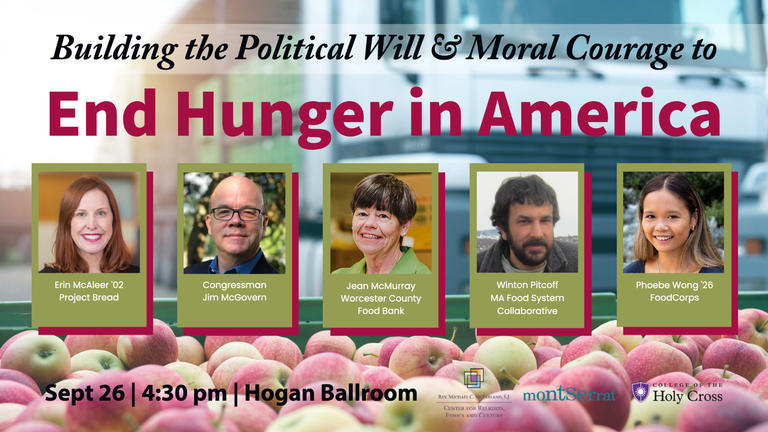 Banner image for forum to End Hunger in America features headshots of panelists on a background image of a crate of apples loaded from a food truck.