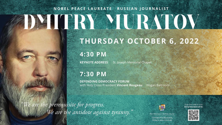Banner image for Dmitry Muratov features closeup of Muratov's face on left with event information on a textured teal and gold background.