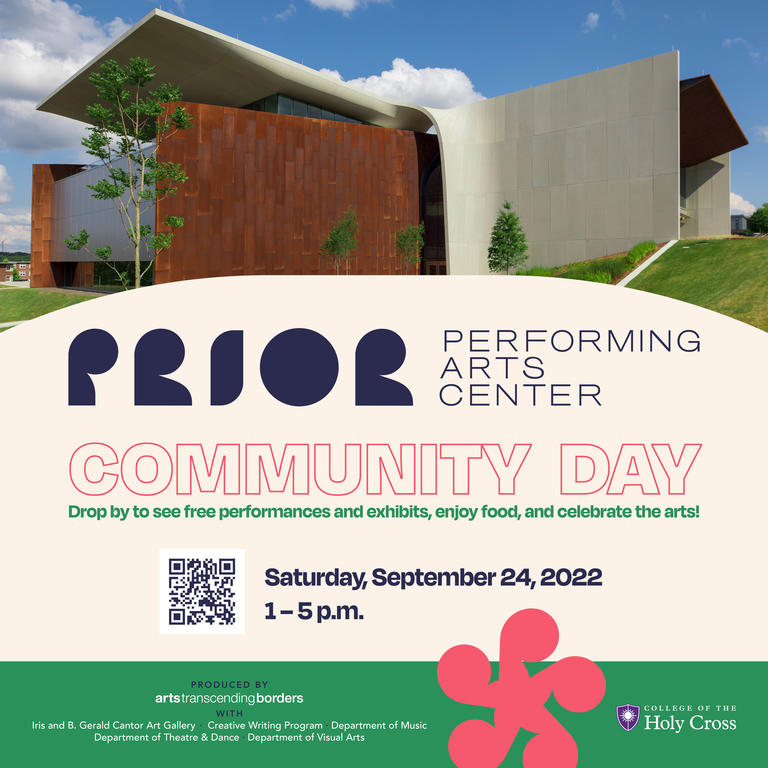 This image is of the poster for the Community Day event and includes a picture of the outside of the Prior Performing Arts Center and date and time information about the event as well as a QR code to register