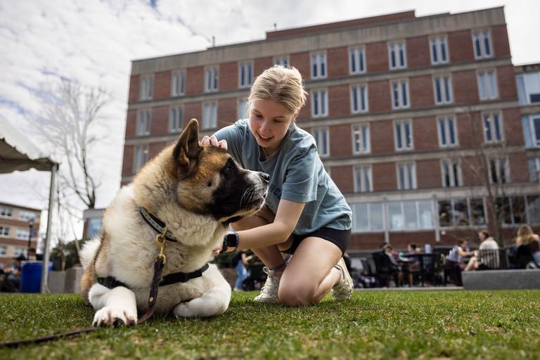 A student petting their dog on a grassy area.