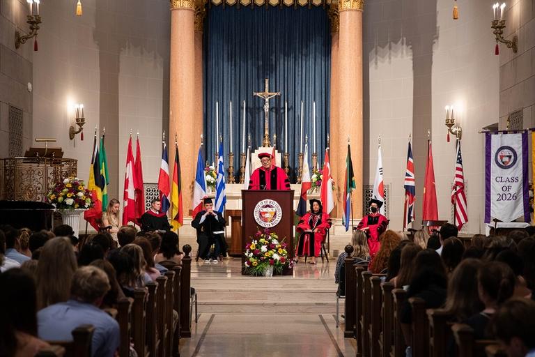 President Vincent D. Rougeau speaks at First Year convocation for the class of 2026